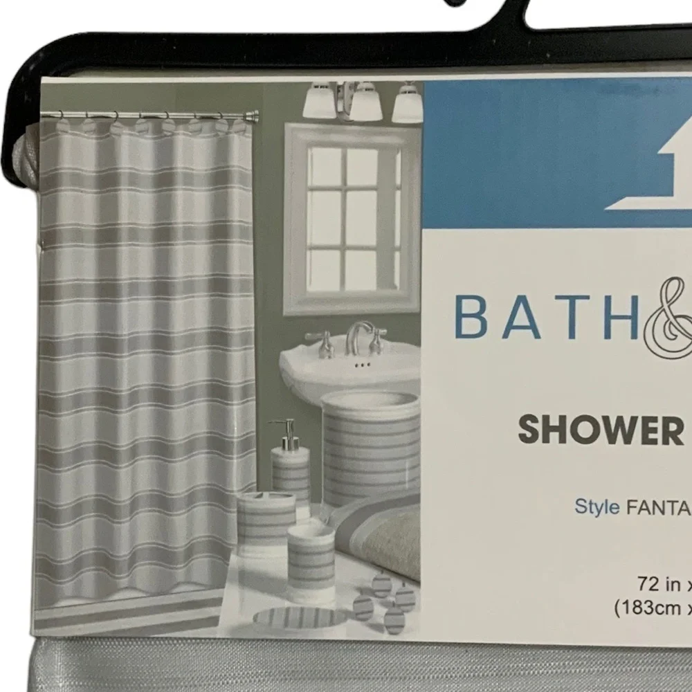 Striped Fabric Shower Curtain Ceramic Accessories 3 Pieces White Grey Tan Khaki